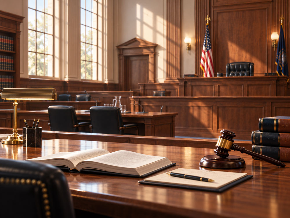 Elegant courtroom interior with a polished wooden desk in the foreground featuring an open law book, gavel, pen, and brass lamp, with the judge’s bench, American and state flags, and tall windows illuminated by natural light in the background.