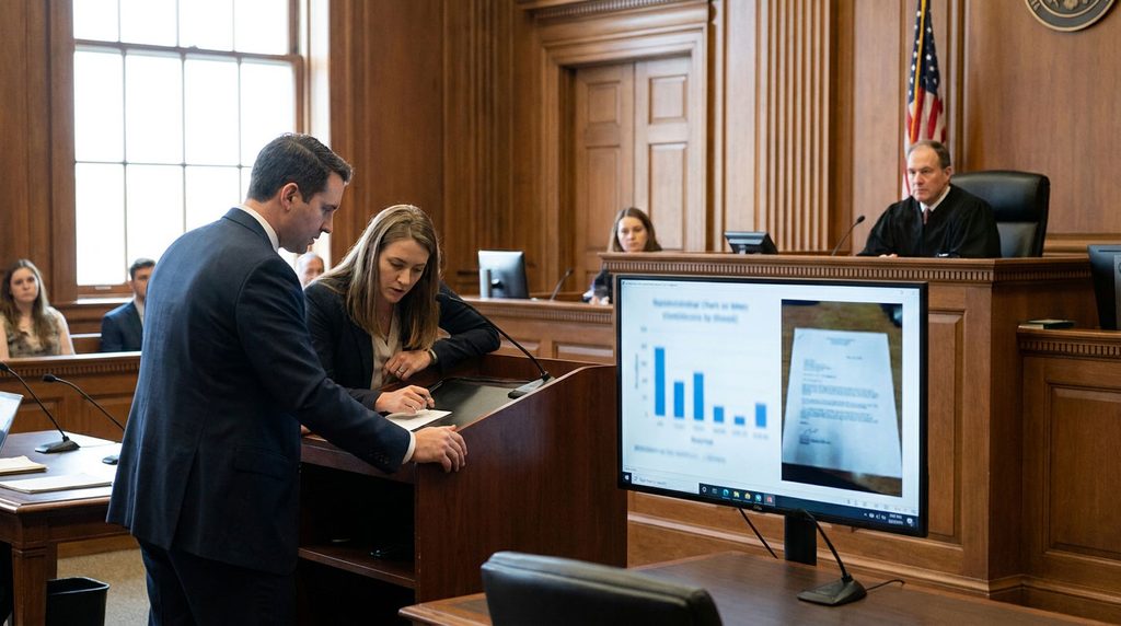 Attorney and technical witness reviewing computer-generated evidence on a courtroom monitor.