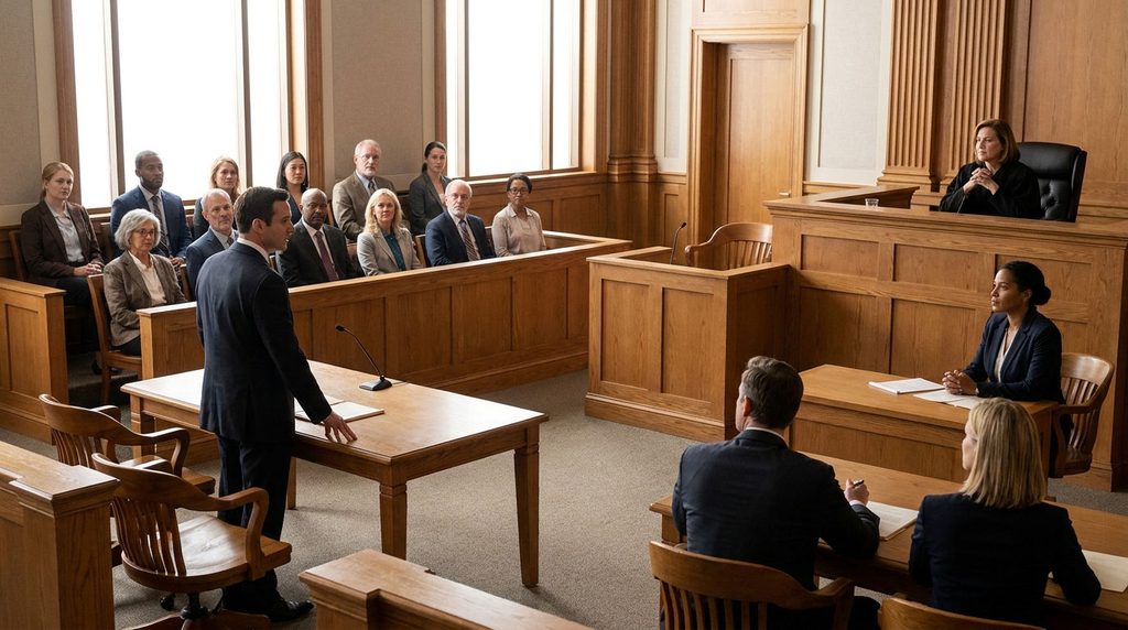 Attorney delivering an opening statement to jurors while the judge listens.