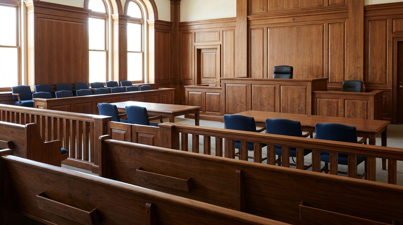 American courtroom with a judge’s bench, witness stand, jury box, and attorney tables.